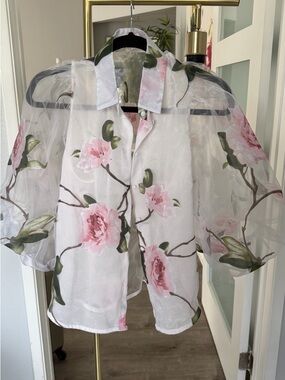 Sheer Floral Organza Button-Up Blouse in Pink & Green